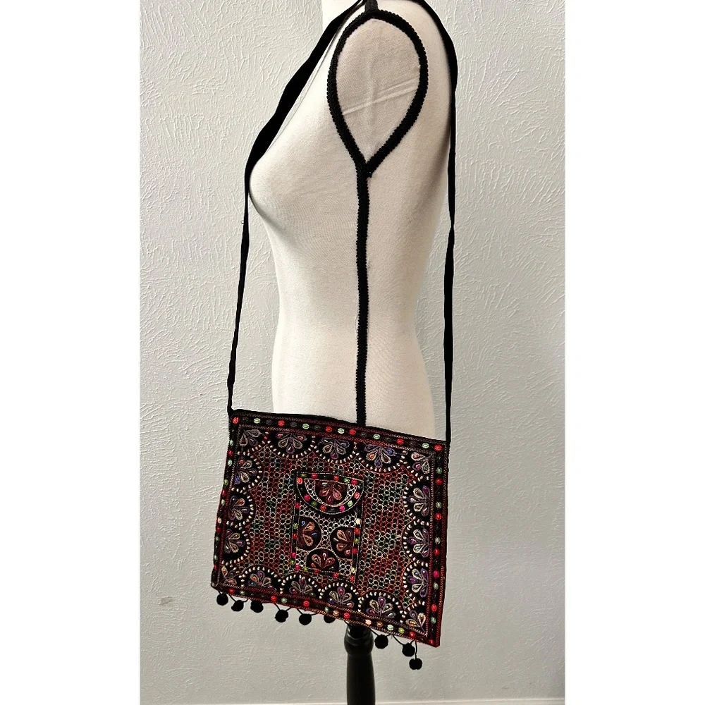 Black Crush Velvet Colorful  Front Embroidered Long Strap Purse